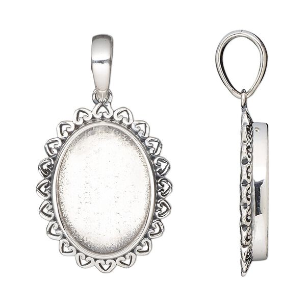 Pendant, antiqued sterling silver, 24.5x19mm oval with heart rim and 18x13mm oval bezel setting. Sold individually. image number 0