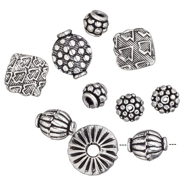 Bead mix, antique silver-plated copper, 7x6mm-14x8mm mixed shape. Sold per pkg of 10. image number 0