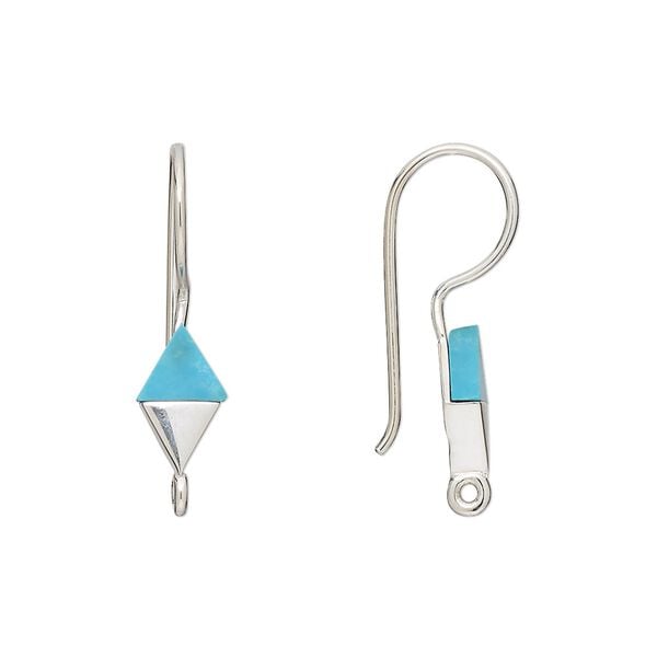 Ear wire fishhook 1pkg2 sterling silver, 24mm / 10x6mm hand-cut diamond / closed loop, 19 gauge resin / "turquoise" 1 pair image number 0