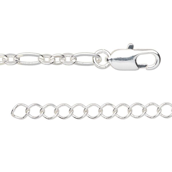 Chain, silver-plated brass, 4mm figaro, 7-1/2 inches with 1 to 3 inches extender chain and lobster claw clasp. Sold per pkg of 2. image number 0