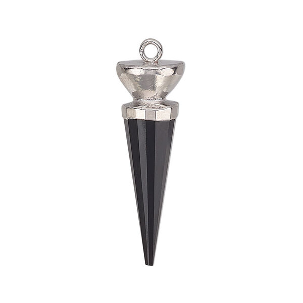 Focal, black onyx (dyed) / electroplated silver / silver-plated sterling silver, 30x9.5mm-31x10mm hand-cut faceted point. Sold individually. image number 0