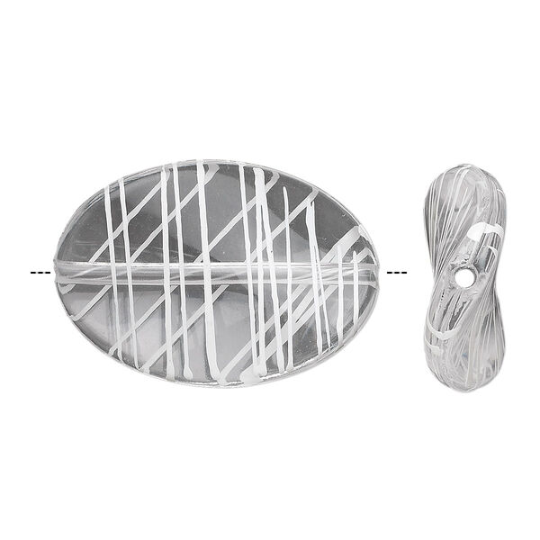 Bead, acrylic, semitransparent clear and white, 35x25mm twisted flat oval with painted line design. Sold per pkg of 28. image number 0