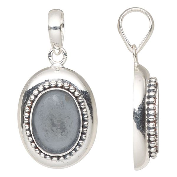 Pendant, antiqued sterling silver, 26x20mm oval with beaded rim and 16x12mm oval setting. Sold individually. image number 0