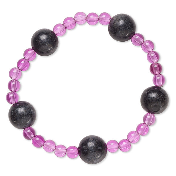 Bracelet, stretch, blackstone (dyed) and acrylic, purple, 5mm and 12-13mm round, 6-1/2 inches. Sold individually. image number 0