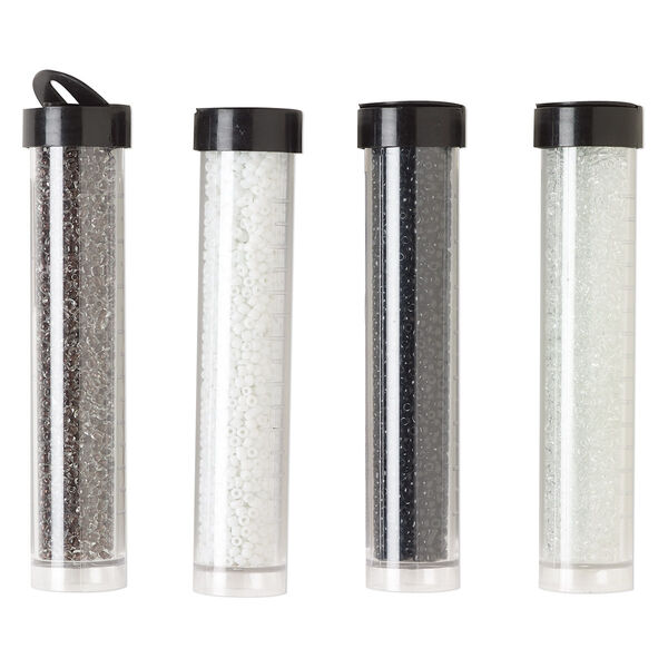 Seed bead assortment, Ming Tree™, glass, pkg/(4) 4 x 3/4 inch vials, #11 round, opaque and transparent color-lined clear, white, black and light brown. image number 0