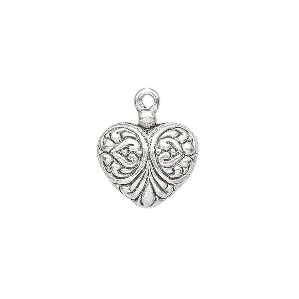 Charm, antique silver-plated "pewter" (zinc-based alloy), 15x14mm single-sided fancy heart. Sold per pkg of 10. image number 0
