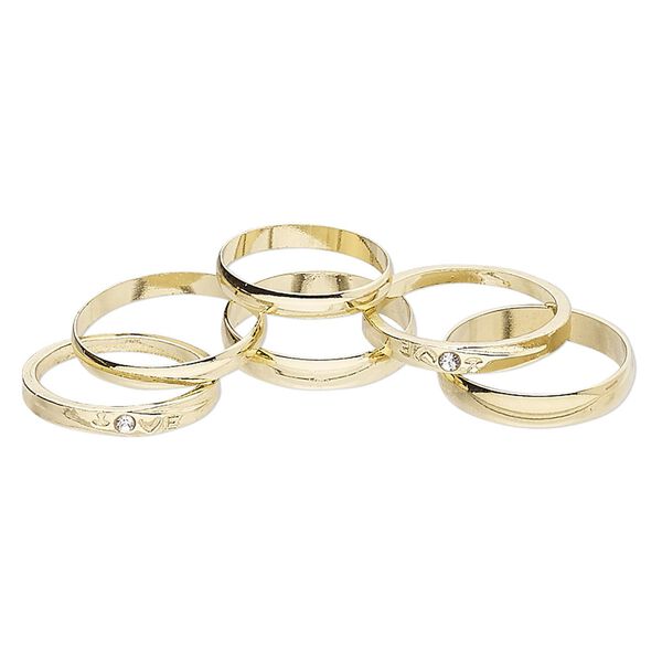 Ring mix, glass rhinestone and gold-finished brass, clear, 3-4mm wide, size 5 to 12-1/2. Sold per pkg of 6. image number 0