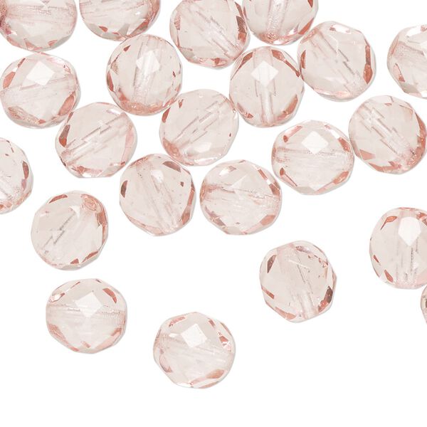 Bead, Czech fire-polished dipped décor glass 1pkg60, translucent pink, 8mm faceted round. image number 0