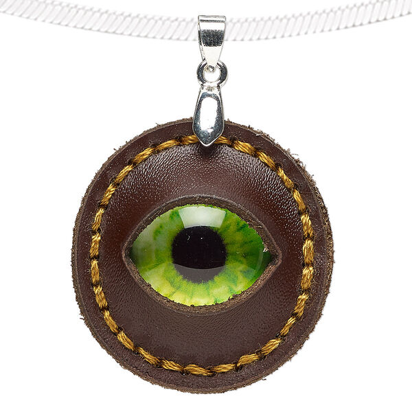 Pendant, leather (dyed) / glass / silver-plated brass, green and multicolored, 32mm single-sided round with dragon eye. Sold individually. image number 0