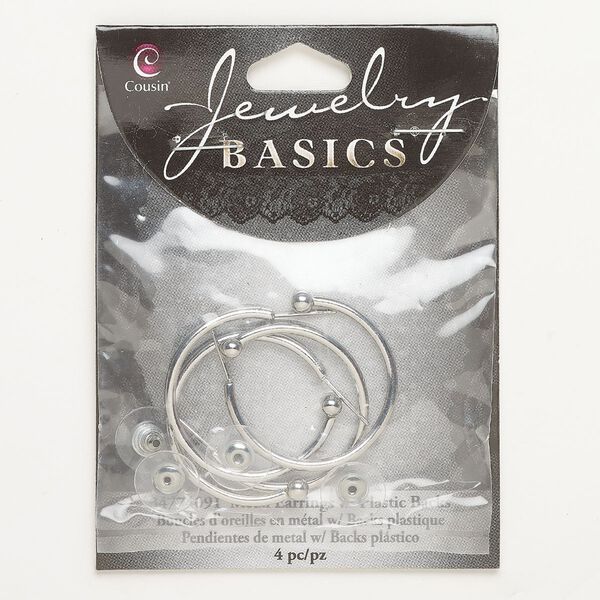 Hoop, steel, pkg/2 pairs, silver finish, 30mm hoop. image number 0