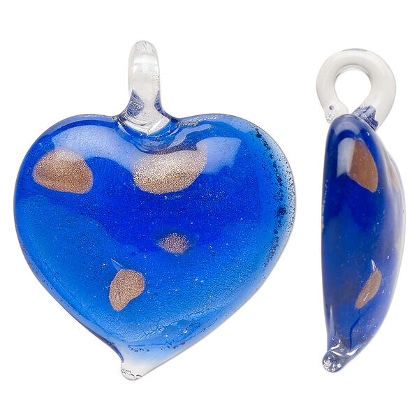 Focal, lampworked glass, clear and translucent cobalt blue, 31x29mm-36x35mm domed heart with copper-colored glitter and silver-colored foil. Sold individually. image number 0