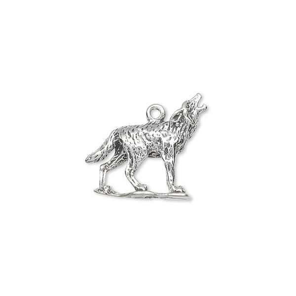 Charm, antiqued sterling silver, 18x15mm two-sided howling wolf. Sold individually. image number 0
