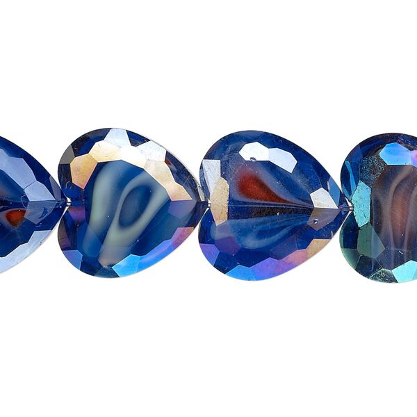 Bead, millefiori glass, marbled blue AB, 16x16mm faceted heart. Sold per 8-inch strand, approximately 10 beads. image number 0