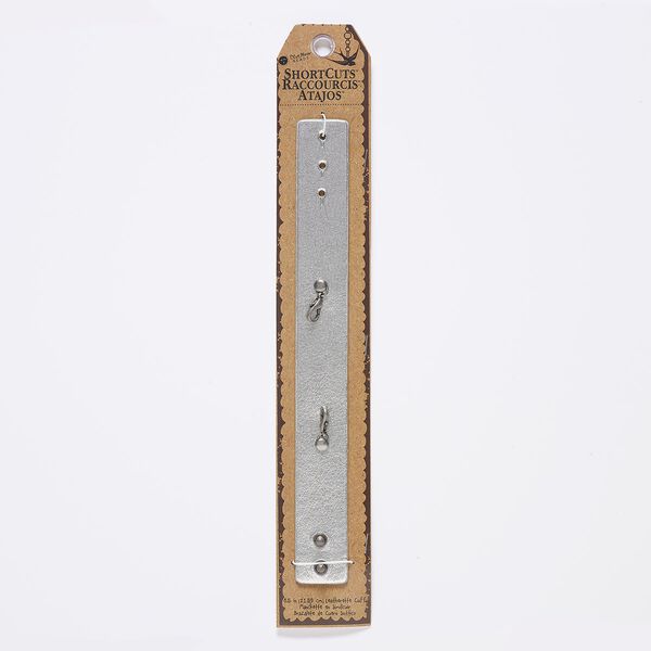 Bracelet component, leatherette / antique nickel-finished "pewter" (zinc-based alloy) / steel, silver, 25mm wide with textured design, wearable from 6 to 8 inches with stud button closure and (2) lobster claw clasps. Sold individually. image number 0