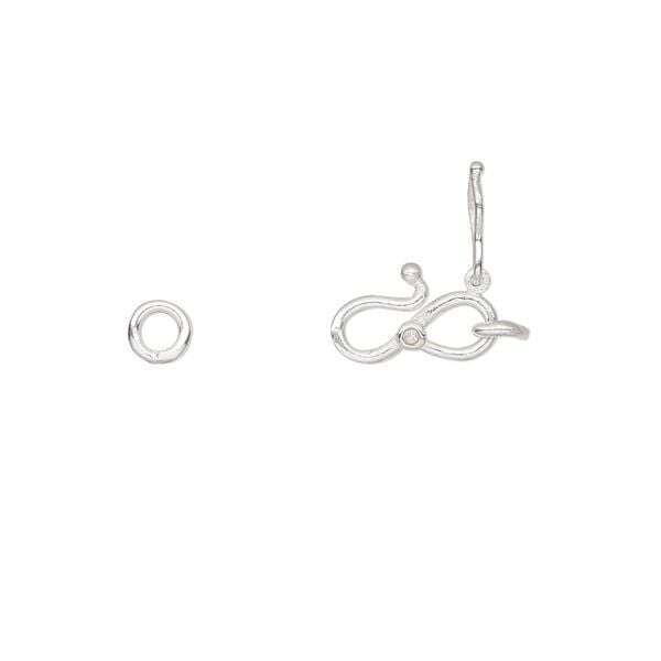 Clasp, S-hook, sterling silver and cubic zirconia, clear, 11x7mm single-sided with safety latch and (2) 4.5mm closed jump rings. Sold individually. image number 0