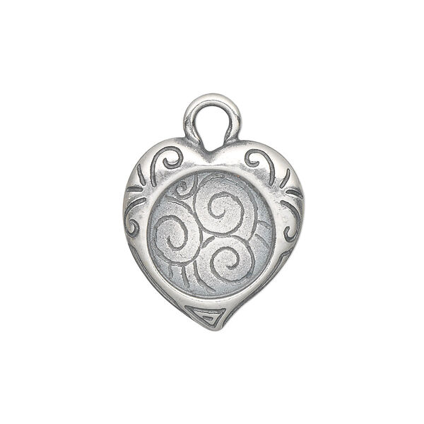 Drop, JBB Findings, antique silver-plated pewter (tin-based alloy), 20x19mm single-sided heart frame with swirl design and 13mm round setting. Sold individually. image number 0