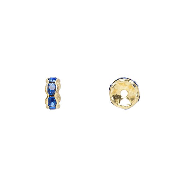 Bead, glass rhinestone and gold-finished brass, sapphire blue, 6x3mm rondelle. Sold per pkg of 10. image number 0