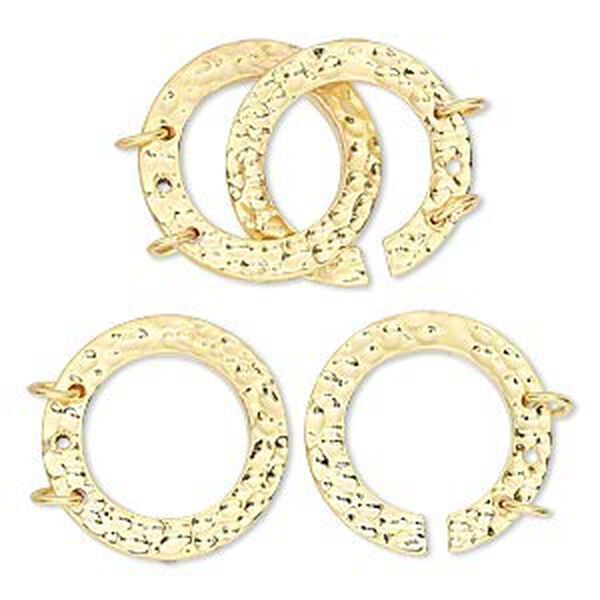 Clasp, 3-strand interlocking, gold-plated brass, 28x18mm double-sided hammered rounds. Sold individually. image number 0