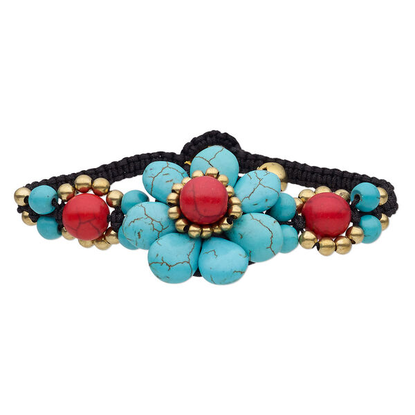 Magnesite / brass / waxed cotton cord 1pkg1, brass-plated bells / bracelet / adjustable 6-7 inch / button clasp / 33mm wide image number 0