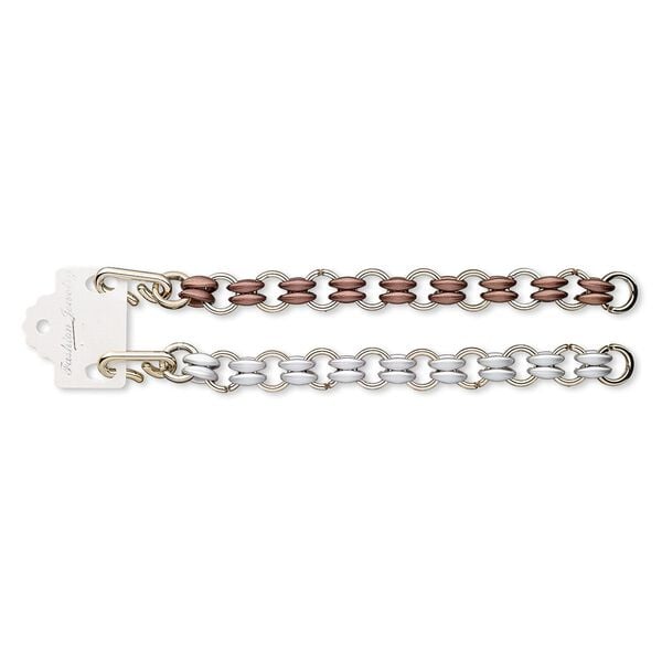 Bracelet, acrylic and rose gold-coated plastic, matte silver and mauve, 17mm wide, 7 inches with hook-and-eye clasp. Sold per pkg of 2. image number 0