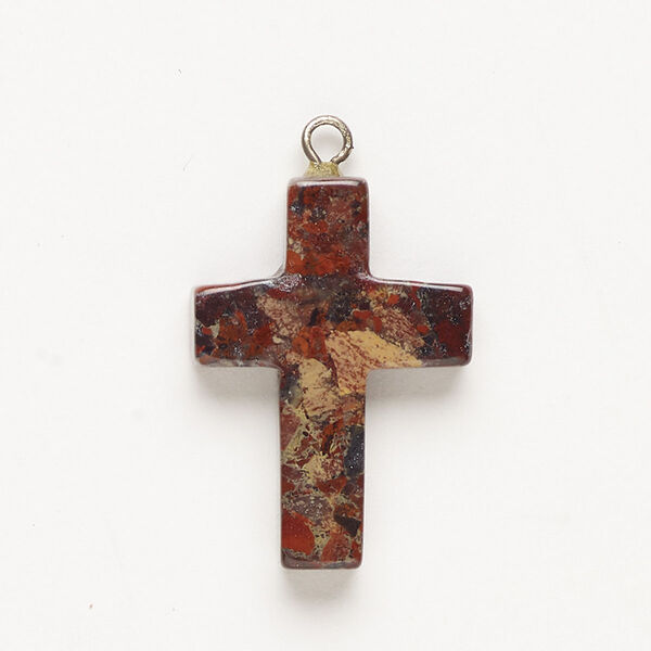 Brecciated jasper / steel 1pkg1, silver-finished cross drop natural C grade, 24x19mm-28x20mm image number 0