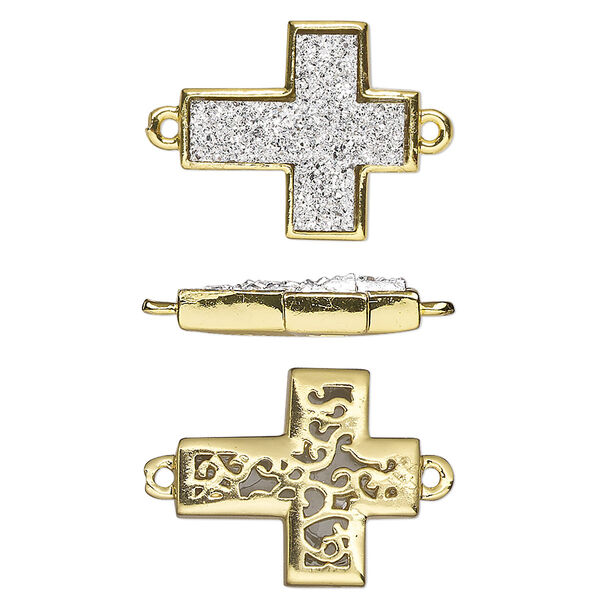 Link, Druzylite™, "druzy" (resin) and gold-finished brass, silver, 18x16mm two-sided cross with open filigree back. Sold per pkg of 4. image number 0