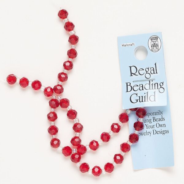 Bead, glass, pkg/10 inches, 5-6mm faceted round, translucent red. image number 0