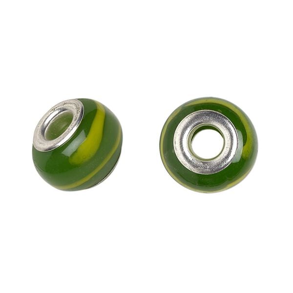 Bead, Dione®, lampworked glass with silver-plated brass grommets, semitransparent green and yellow, 14x9mm rondelle with stripes. Sold per pkg of 6. image number 0