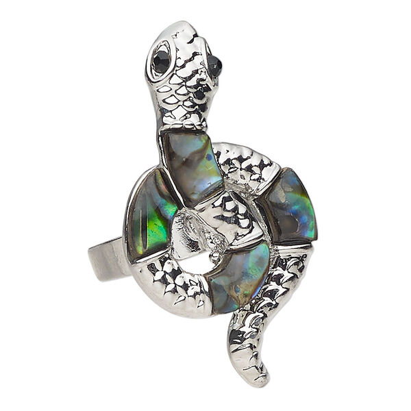 Ring 1pkg1 brass / paua shell / glass rhinestone, 40x22mm snake, natural silver finish black image number 0
