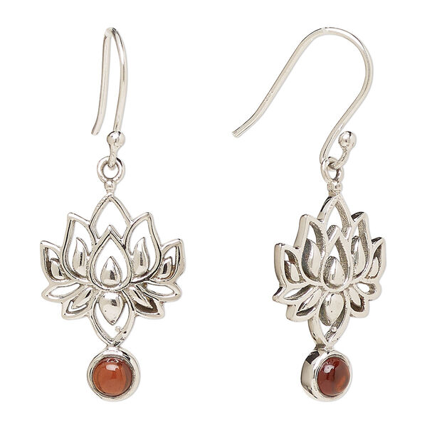 Ear wire, Create Compliments®, antiqued sterling silver and garnet (natural), fishhook, 37.5mm with 22.5 x 14.5mm single-sided lotus, 21 gauge. Sold per pair. image number 0