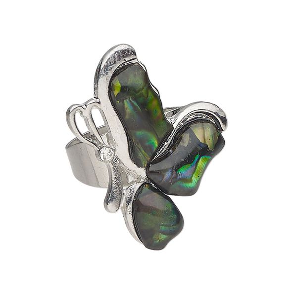 Ring 1pkg1 steel / paua shell / glass rhinestone, 31x22mm butterfly, natural silver finish / clear image number 0