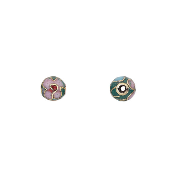 Bead, cloisonné, enamel and gold-finished copper, pink / red / green, 6mm round with flower design. Sold per pkg of 10. image number 0