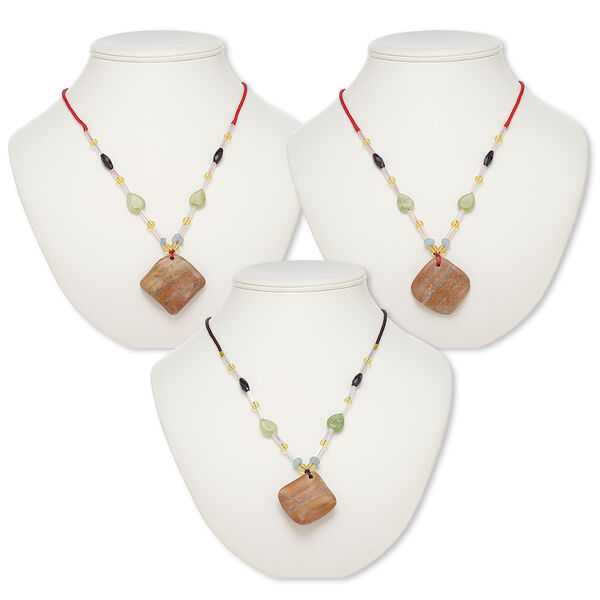 Multi-gemstone / acrylic / glass 1pkg3, wavy diamond pendant necklace mix continuous loop 20-24 inch 41x41mm-42x42mm image number 0