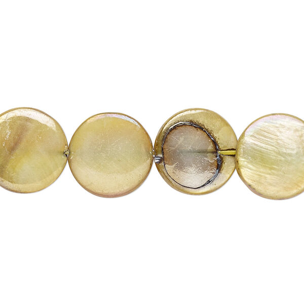 Bead, mother-of-pearl shell (dyed), golden pear AB, 12mm puffed flat round with 0.6-0.8mm hole, Mohs hardness 3-1/2. Sold per 15-1/2" to 16" strand. image number 0