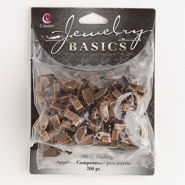 Cord end assortment, steel, pkg/200, antique copper finish, 5x4mm and 6x5mm fold-over rectangle. image number 0