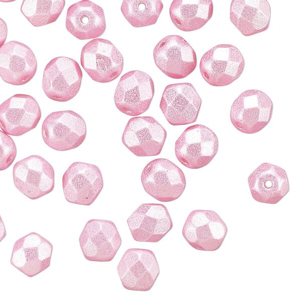 Czech fire-polished glass 1pkg60, faceted round bead dipped décor opaque pearlescent light pink 6mm image number 0