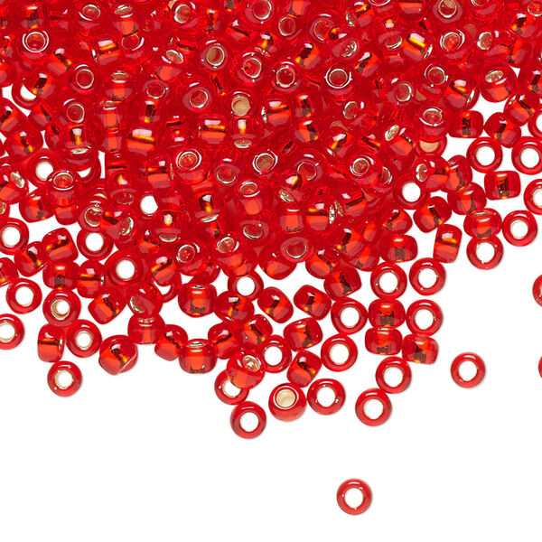 Seed bead, TOHO BEADS®, glass, pkg/7.5g, #8 round, transparent silver-lined Siam ruby (TR-08-25B). image number 0