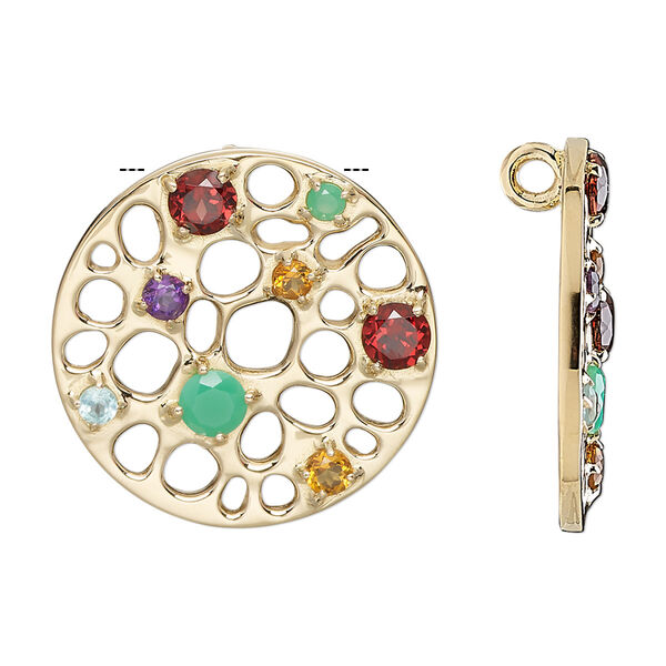 Drop, multi-gemstone (natural / dyed / heated) and gold-finished sterling silver, multicolored, 25mm single-sided flat round with hidden loop. Sold individually. image number 0