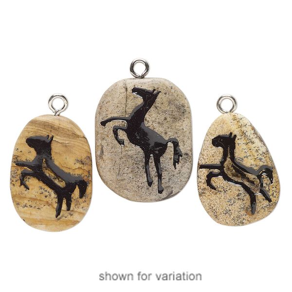 Focal, silver-finished steel / picture jasper (natural) / enamel, black, 30x22mm-34x26mm freeform with horse, Mohs hardness 6-1/2 to 7. Sold individually. image number 0