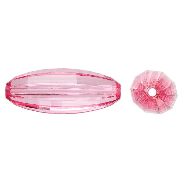 Bead, acrylic, pink, 33x12mm faceted long oval. Sold per 100-gram pkg, approximately 30 beads. image number 0