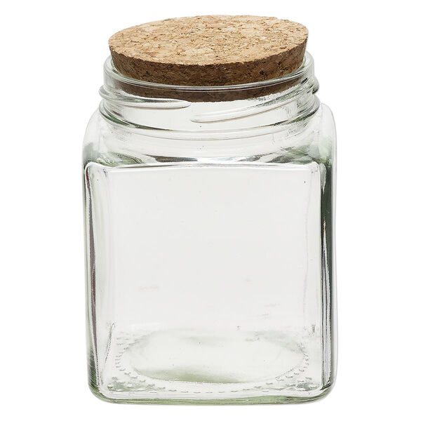 Bottle, glass and cork, clear, 2-3/4x3-1/2 inch square with cork stopper and 2-inch opening. Sold individually. image number 1