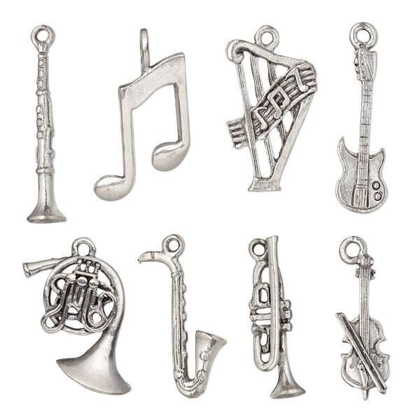 Charm set, antiqued pewter (tin-based alloy), 22.5x6mm-29.5x23.5mm music theme. Sold per 8-piece set. image number 0