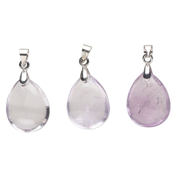 Amethyst / pewter (tin-based alloy) 1pkg3, imitation rhodium-finished teardrop pendant natural 20x14mm-22x15mm image number 0