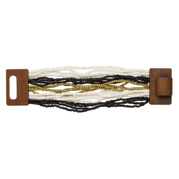 Bracelet, multi-strand stretch, glass and stained wood, white / black / gold, 46mm wide, 7 inches with hook-and-eye clasp. Sold individually. image number 0