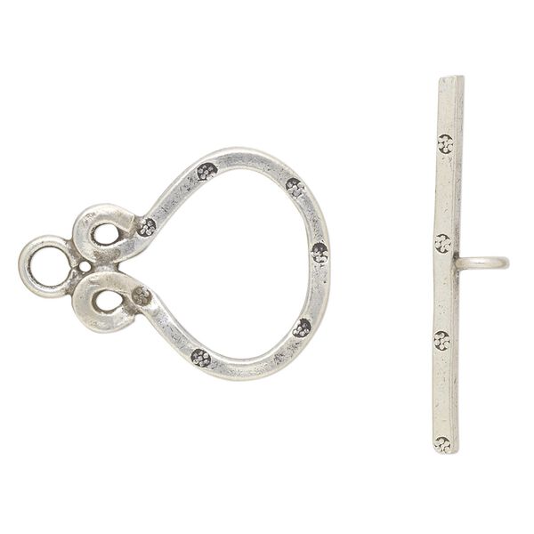 Clasp, toggle, Hill Tribes, antiqued sterling silver, 24x20mm fancy round. Sold individually. image number 0