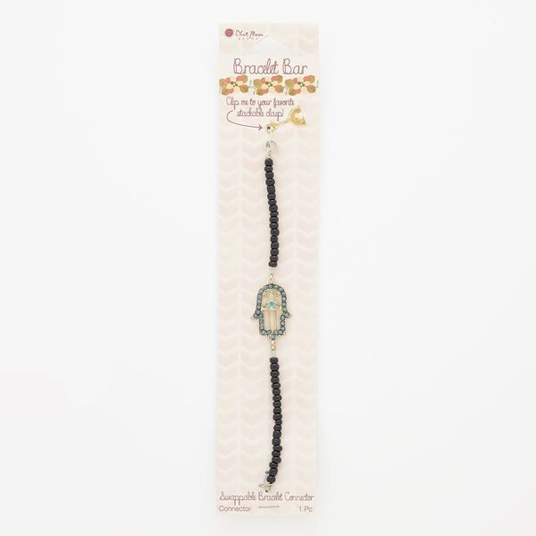 Bracelet component, enamel / glass / steel / gold-finished "pewter" (zinc-based alloy), black / green / turquoise blue, 19mm wide Fatima hand, 6 inches. Sold individually. image number 0