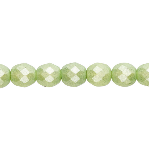Bead, Czech fire-polished dipped décor glass, pearlescent lime green, 8mm faceted round. Sold per 15-1/2" to 16" strand. image number 0