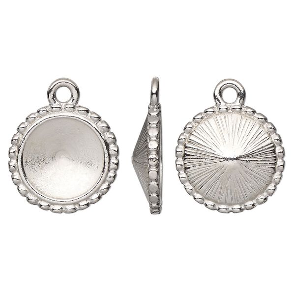 Drop, Almost Instant Jewelry® and TierraCast®, white bronze-plated pewter (tin-based alloy), 17mm round with beaded edge and 12mm rivoli glue-in setting. Sold per pkg of 2. image number 0