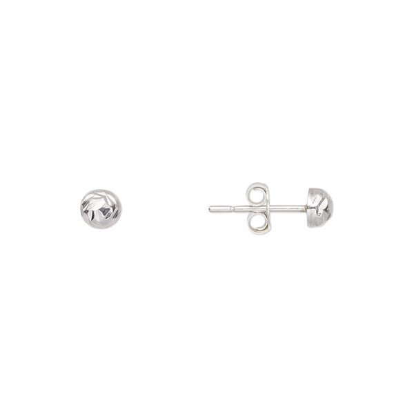 Earstud, sterling silver, 4mm diamond-cut half-ball with post. Sold per pair. image number 0