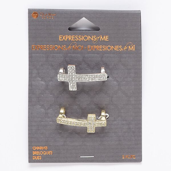 Slide, glass / gold- / silver-finished "pewter" (zinc-based alloy), clear, 30x17mm cross with 6.5mm hole. Sold per pkg of 2. image number 0